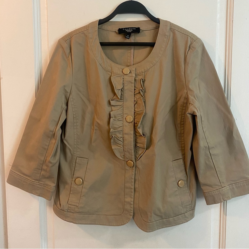 Talbots khaki ruffle front jacket